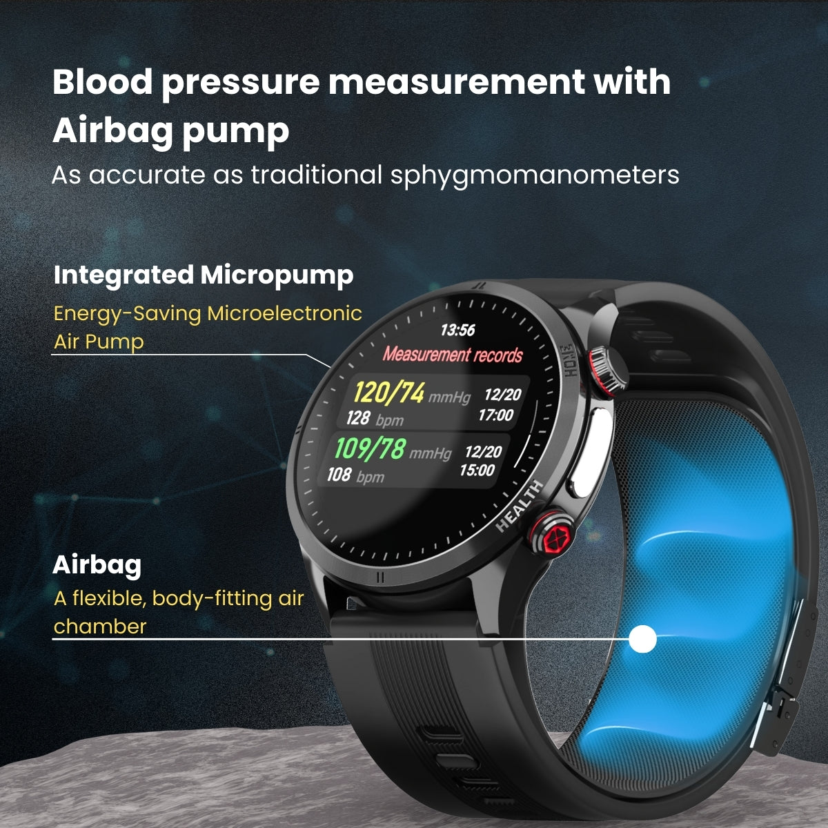 Vigorwrist Max 5 High Precision Air Pump Blood Pressure ECG Blood Sugar Blood Oxygen Monitoring SmartWatch